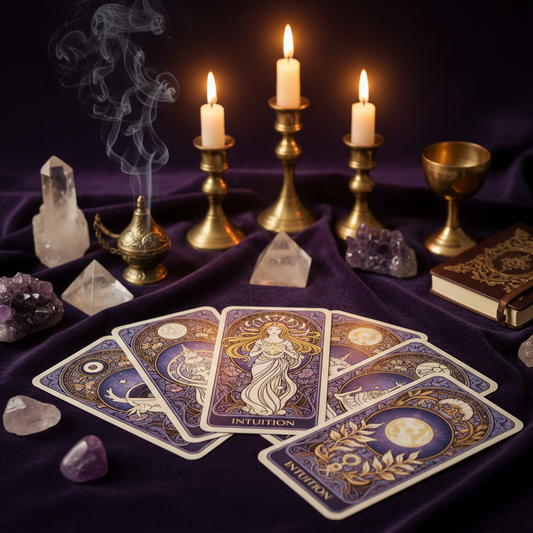 Oracle card reading with candles and crystals